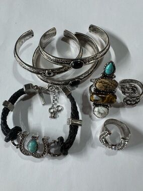 Ring size 8 & 9 Silver and Turquoise Stone Mixed Stackable Bracelet and Ring Set